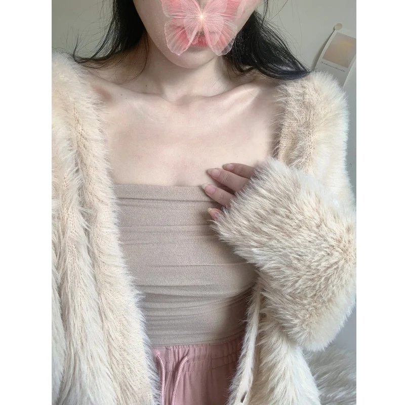 

Comfy Non-Bulky Furry Knitted Open Cardigan Soft Sweater Anti-Fur Jaet Easy to Wear V-Ne Long Sve Regular Length Butto...