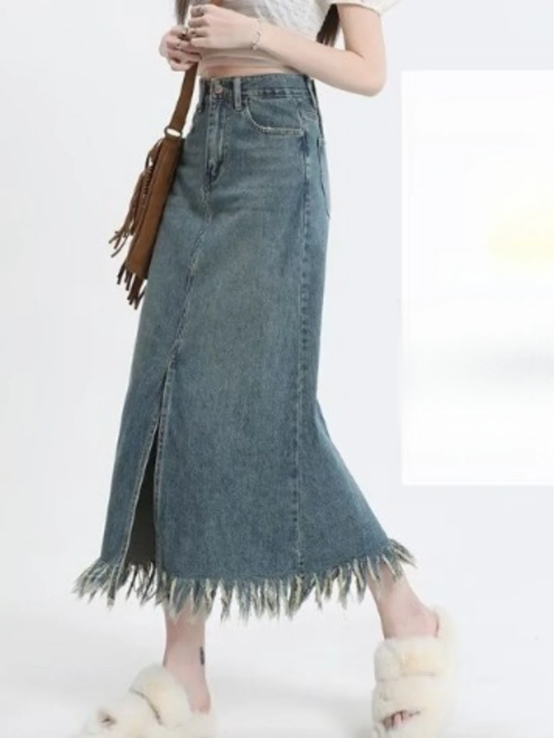 Women's High Waist Vintage Washed Denim Skort with Built-in Shorts Side Slit Mini Skirt - view 4