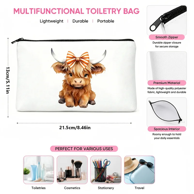 Cute Highland Cow Makeup Bag Printing，Lightweight, odorless polyester zipper bag，Fun Mother's Day Gifts，For mom or nature lovers