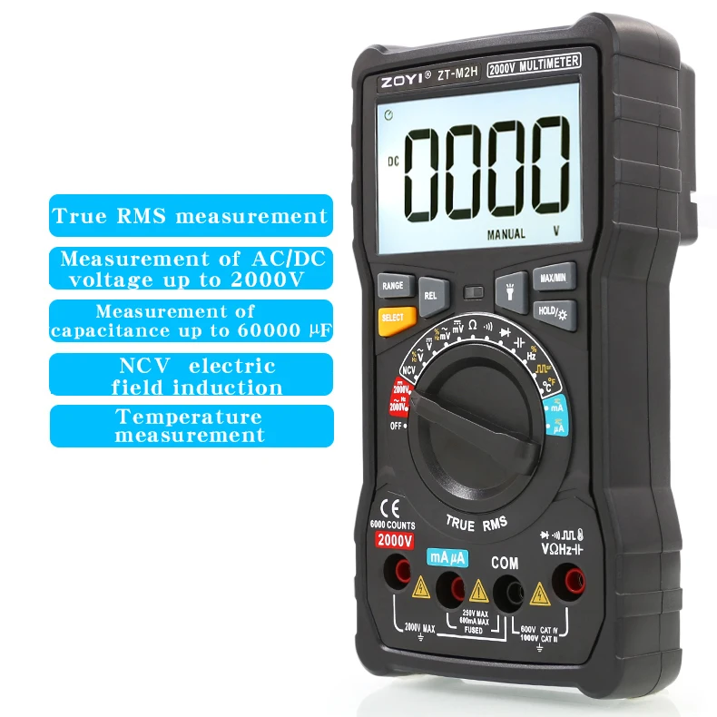 Imagem -03 - Multímetro Digital à Prova de Fogo Tensão até 2000v ac dc e Capacitores de Alta Tensão até 2kv Zt-m2h