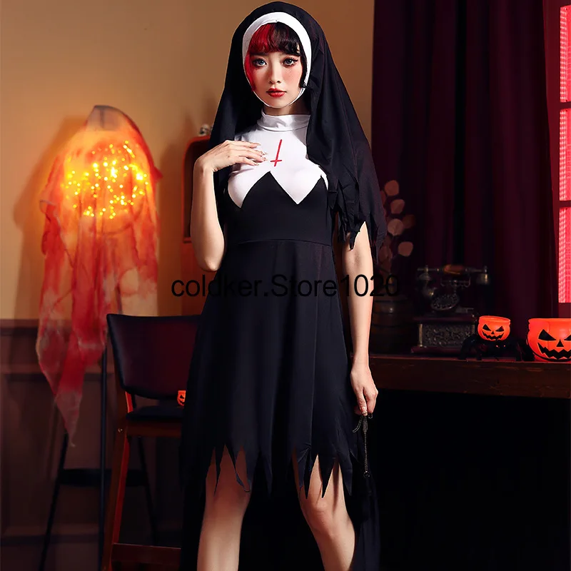 S-XXL Women's Halloween Religious Nun Costume Zombie Devil Cosplay Costume Adult Sexy Irregular Anti Cross Long Dress For Women