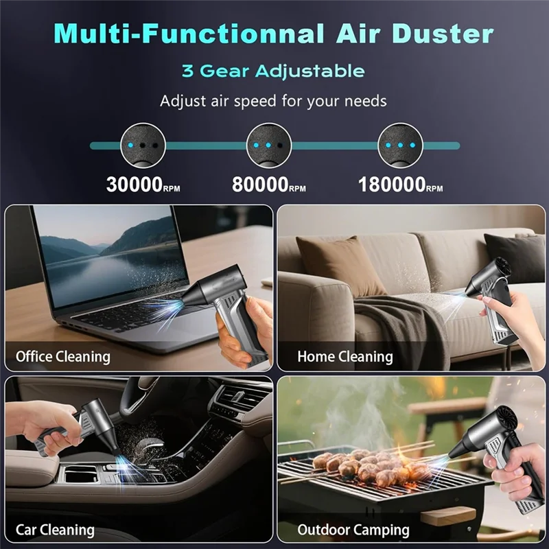 Compressed Air Duster 10000Mah Rechargeable Battery, 180000RPM Speed, 3 Gears Adjustable For Keyboard/PC Car/Outdoor
