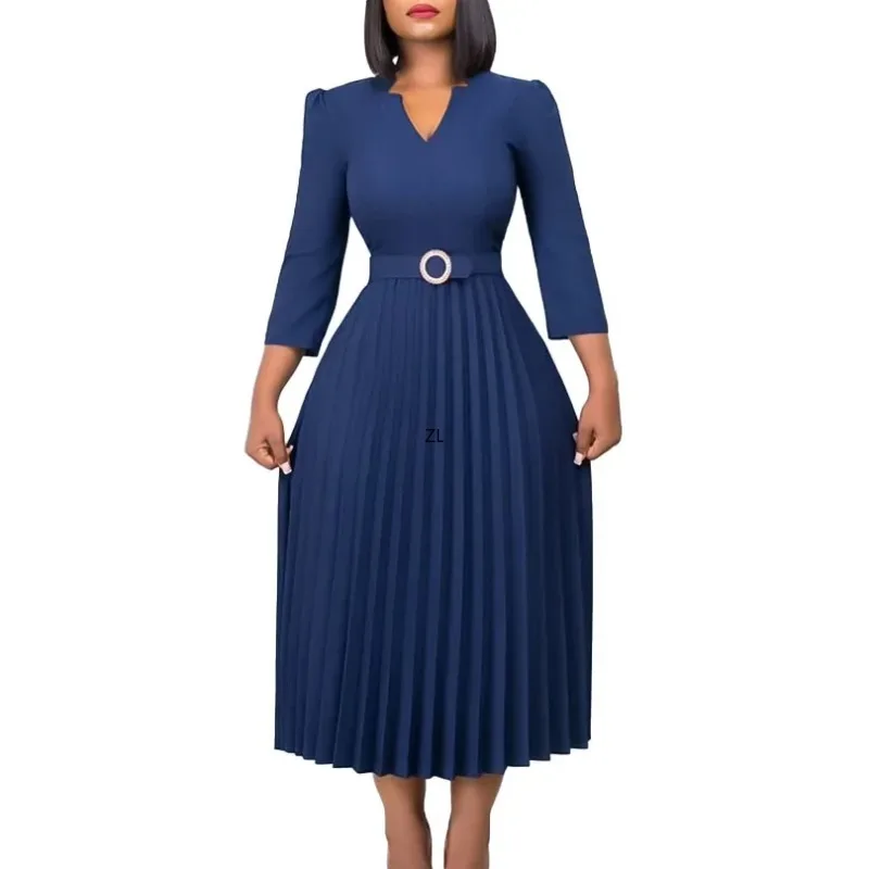 

2024 Summer Elegant Africa Office Ladies V-neck 3/4 Sleeve Pleated Dress Evening Party Robe with Belt African Dresses for Women