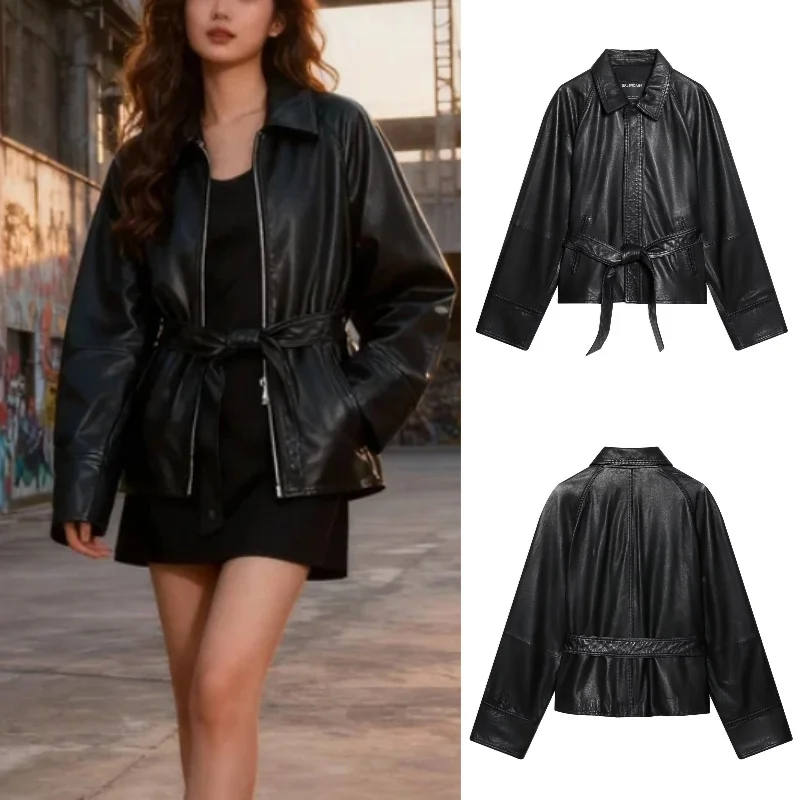 

Осень/зима 2025: элегантная короткая кожаная куртка с поясом, универсальное модное праздничное пальто для женщин