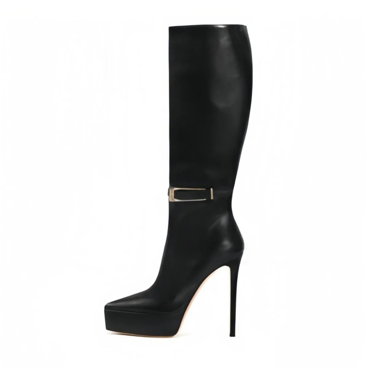 

Arden Furtado Spring Pointed toe Super high heel Side zipper Knee high boots Belt buckle Modern boots Extra large size