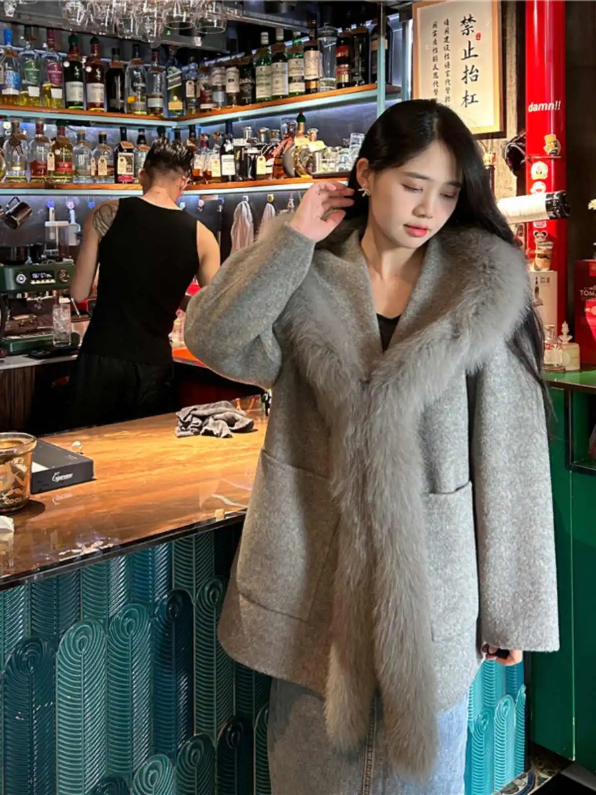 2024 Real Fur Coat Oversize Ladies Natural Fox Fur CollarHood Cashmere Wool Woolen Outerwear Winter Jacket Women