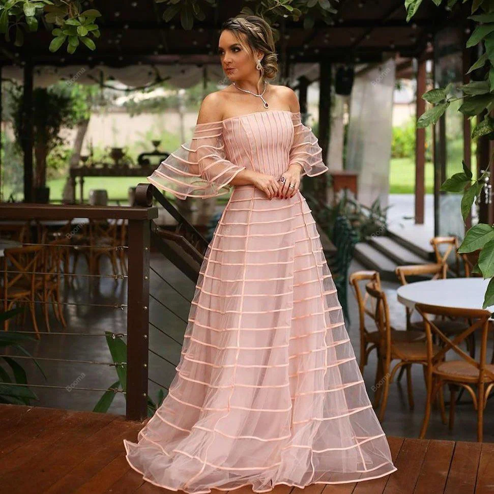 Booma Pink A Line Organza Women\'s Evening Dresses Boat Neck Formal Events Dresses Night Party Prom Gowns formales vestidos