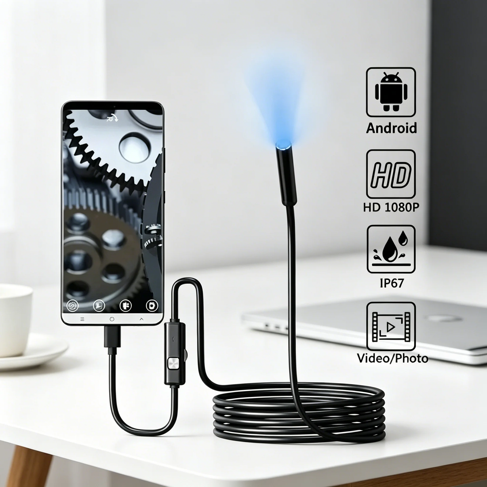 7.0MM Dual Lens Endoscope Camera IP67 Waterproof Adjustable LED Flexible Borescope Type C Inspection Camera For Phone Windows PC