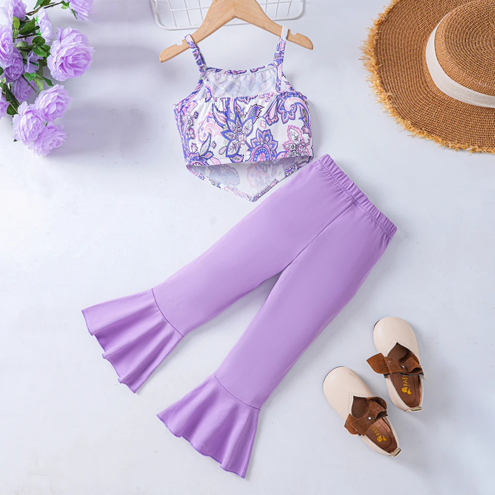 Girls' summer ethnic style retro printed suspender+solid color flared pants two-piece casual set