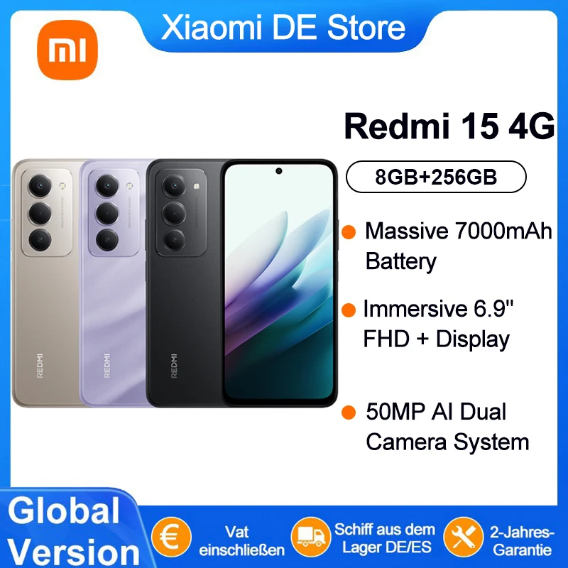 Version mondiale Smartphone Redmi 15 4G 8 Go/256 Go Puissant Snapdragon ® 685 AI double caméra 6,9 "FHD 7000mAh Xiaomi Super batterie 33W charge rapide