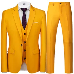 Fashion New Men's Business Casual Solid Color 3 Pieces Suits / Male Two Button Blazers Jacker Coat Trousers Pants Vest Waistcoat