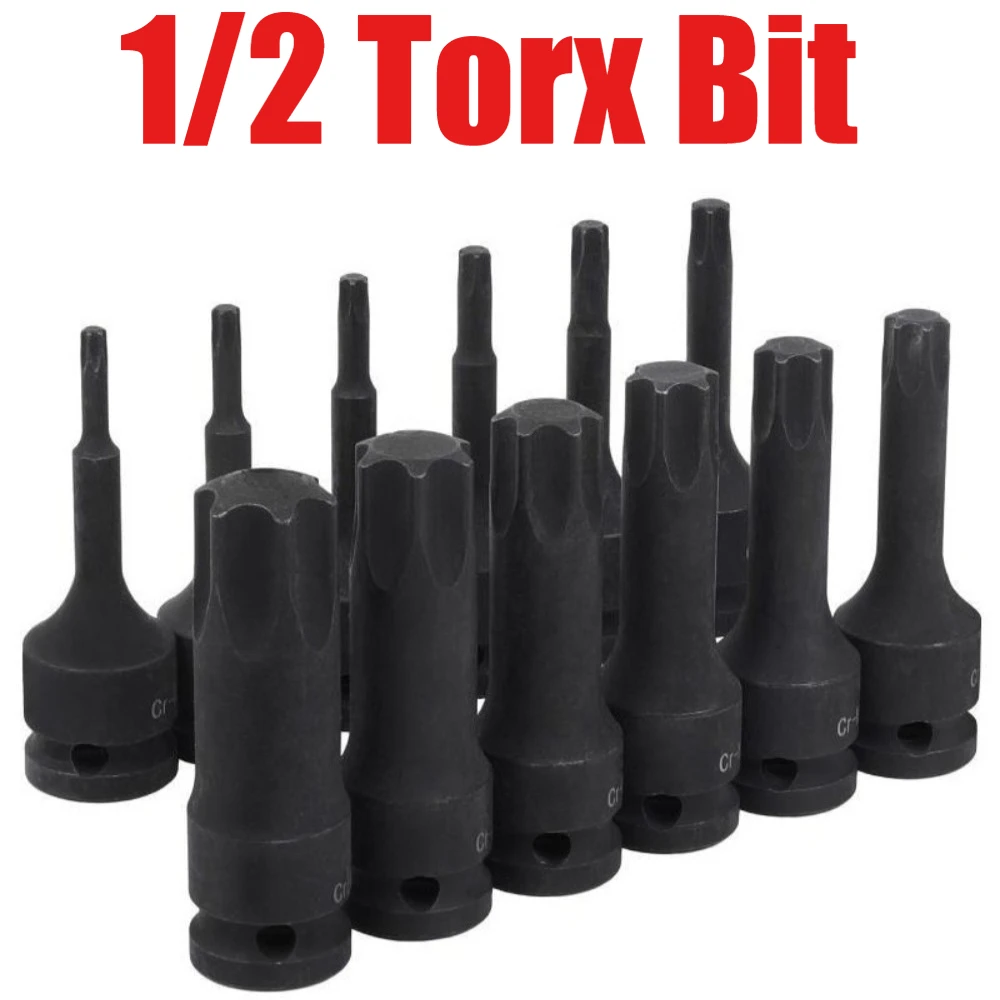 T20-T00 1/2Inch Impact Torx Bit Socket Set T25 T30 T40 T45 T50 T55 T60 T70 T80 T90 T100 Star Bit Sockets for Mechanical Repair