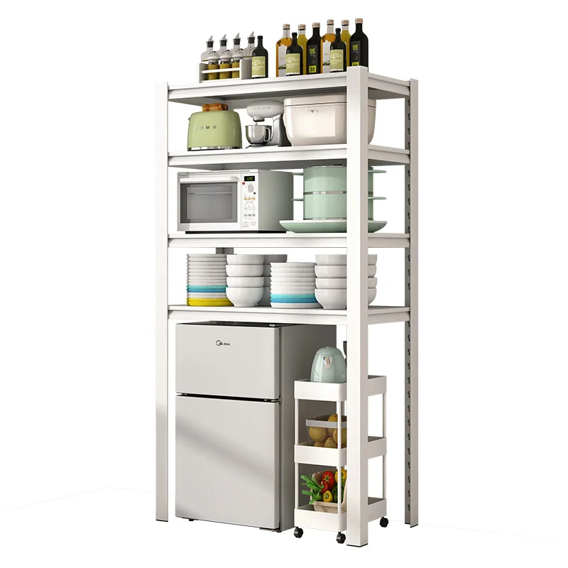 

Kitchen floor rack, shelf above small refrigerator, household microwave oven, disinfection cabinet, dishwasher storage