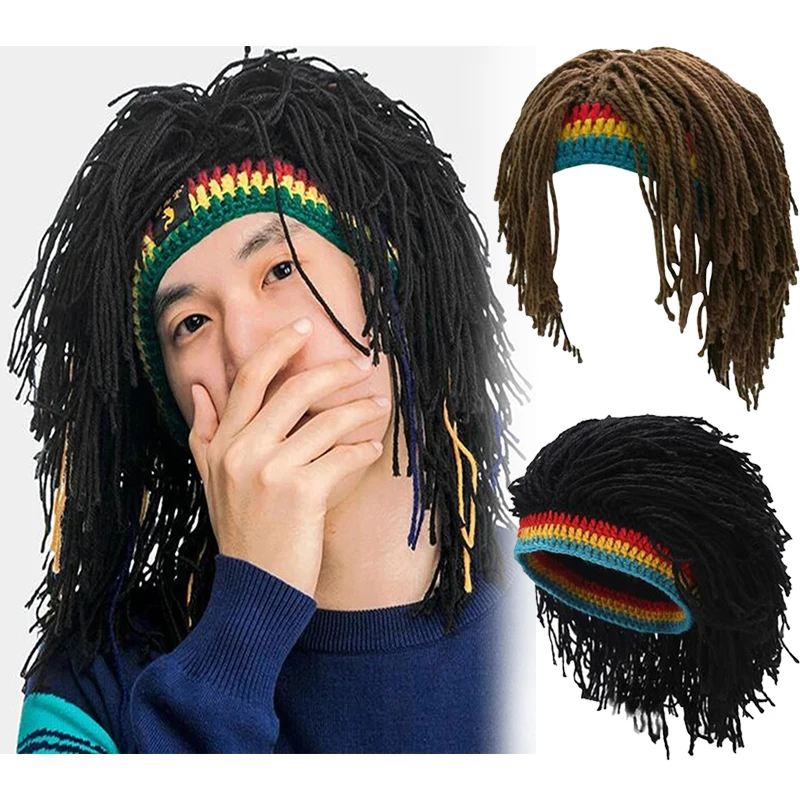1/2pcs Jamaican Knitted Wig Braid Hat Unisex Hair Hat Handmade Fancy Wig Caps Halloween Ghost House Wig Black