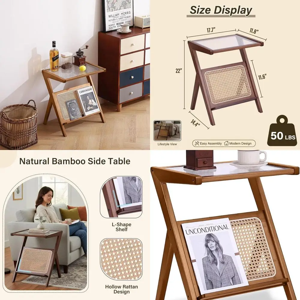 

Bamboo Nightstand with Glass Top, Storage Side Table for Boho Living and Bedroom Spaces