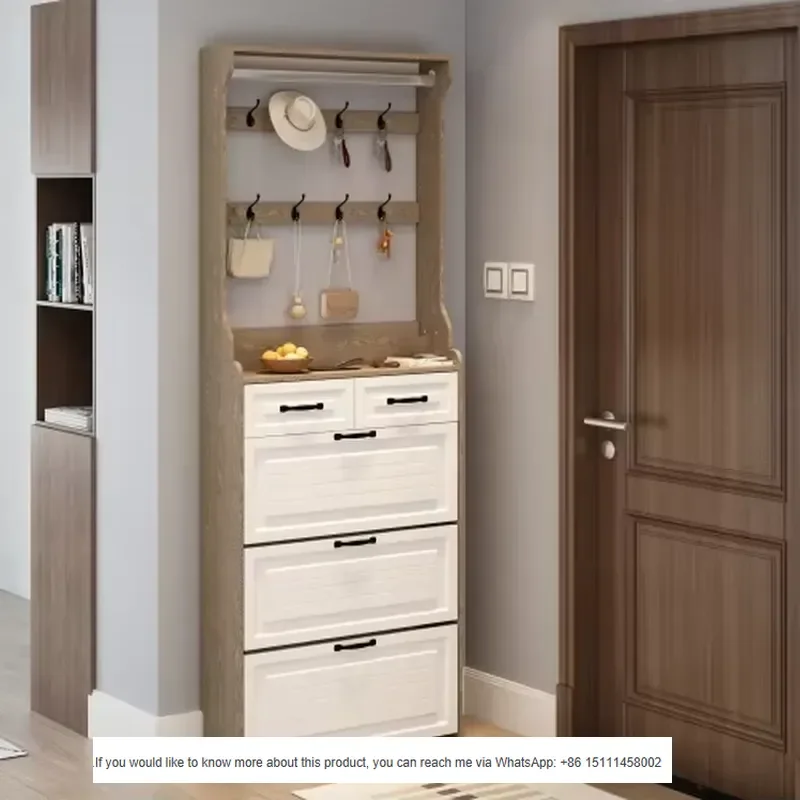 3 Flip Doors 2 Drawer Shoe Cabinet with Hanging Hooks, Narrow Hidden Storage Shoe Organizer for Entryway Narrow Hallway