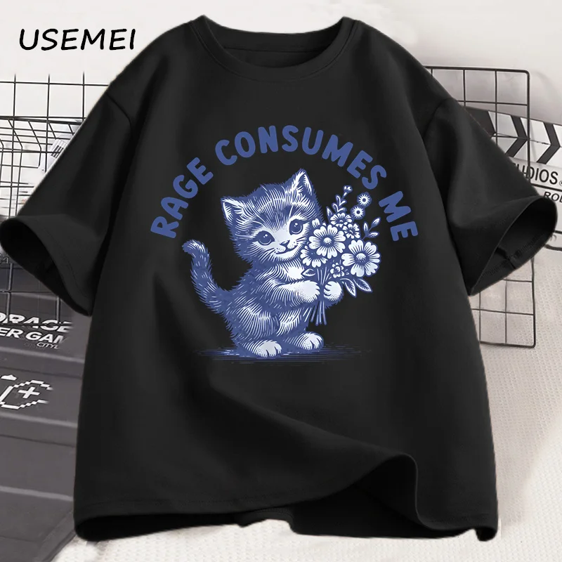 Rage Consumes Me Cat T-shirt Weirdcore Funny Hilarious Kitten Meme Unhinged T Shirt Health Dark Humor Tshirt Men's Clothes - view 3