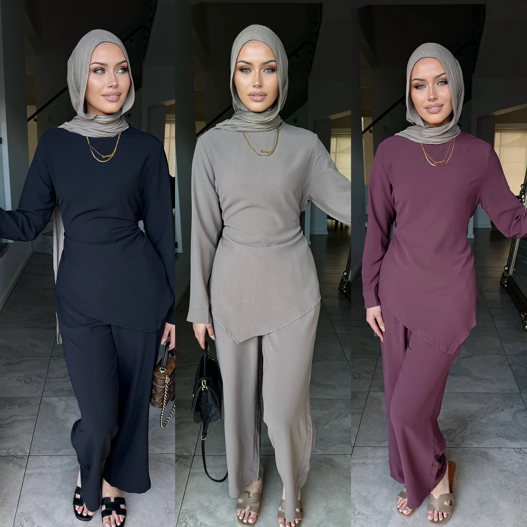 

Women Muslim Sets Solid Color Tops and Pants Islam Clothing Turkey Kaftan Dubai Abaya Dress Outfits Femme Musulmane Ensembles