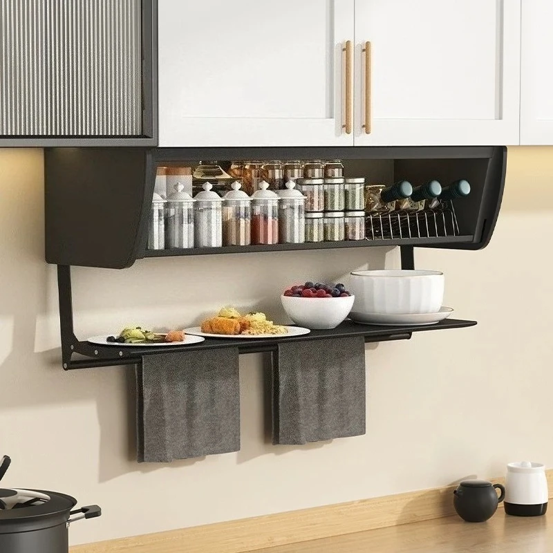 Under Cabinet Pull Down Storage Rack Wall Mount Kitchen Spice Dish Organizer with Towel Bar Optional LED Light