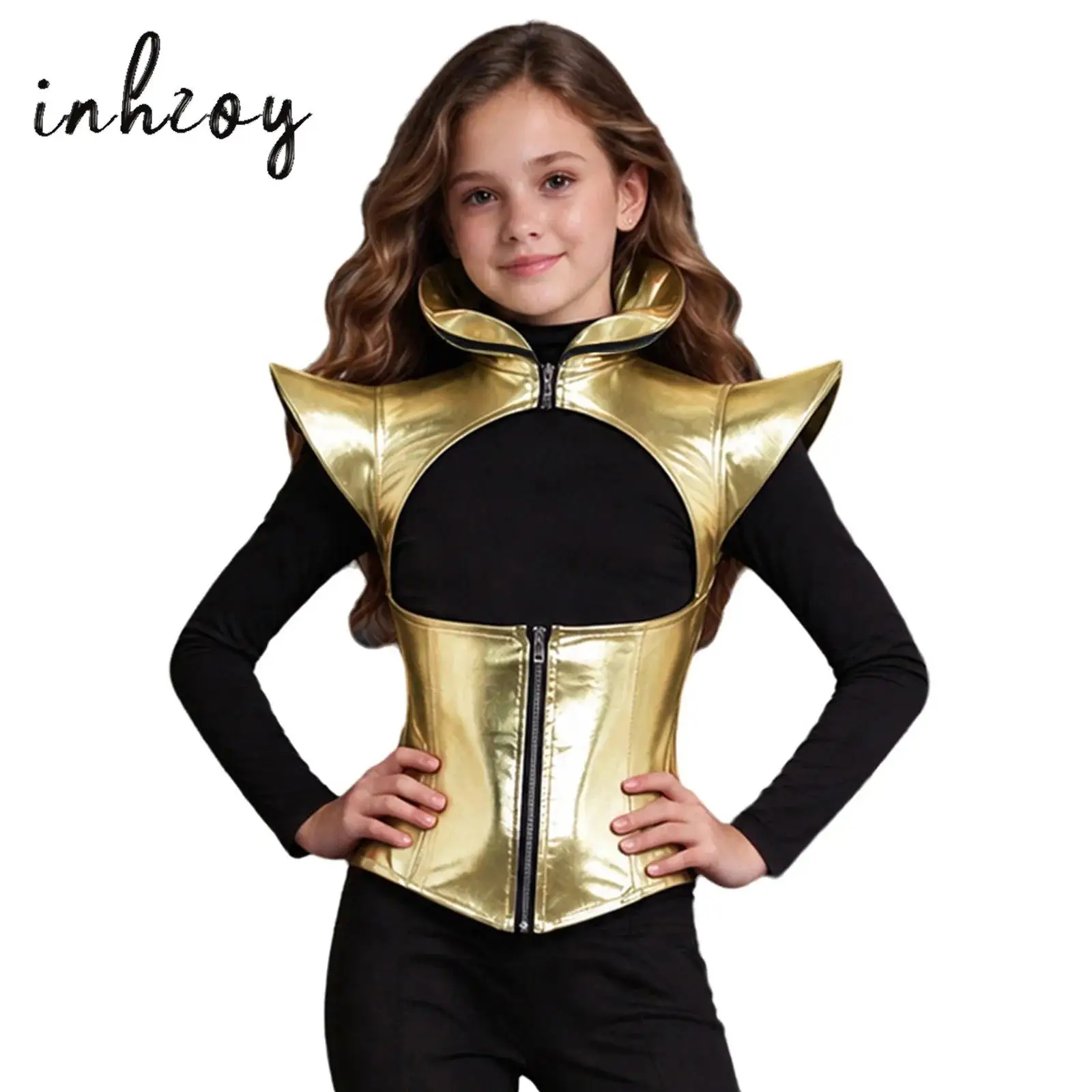 Girls Metallic Armor Shrug Cap Sleeves Stand Collar Cutout Asymmetrical Hem Tops for Theme Party Halloween Carnival Performance