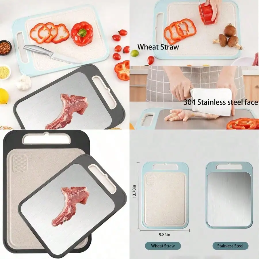 

1pc Double-Sided Cutting Board (13.78x9.84") - 304 Stainless Steel/Wheat Straw, For Fruit/Veg/Meat (Black)