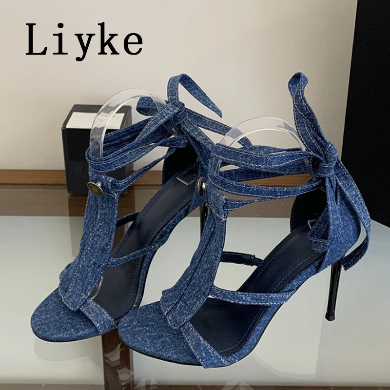 Liyke Summer Blue Denim High Heels Women Sandals Fashion Button Ankel Cross Strap Ladies Shoes Sexy Open Toe Sandalias De Mujer