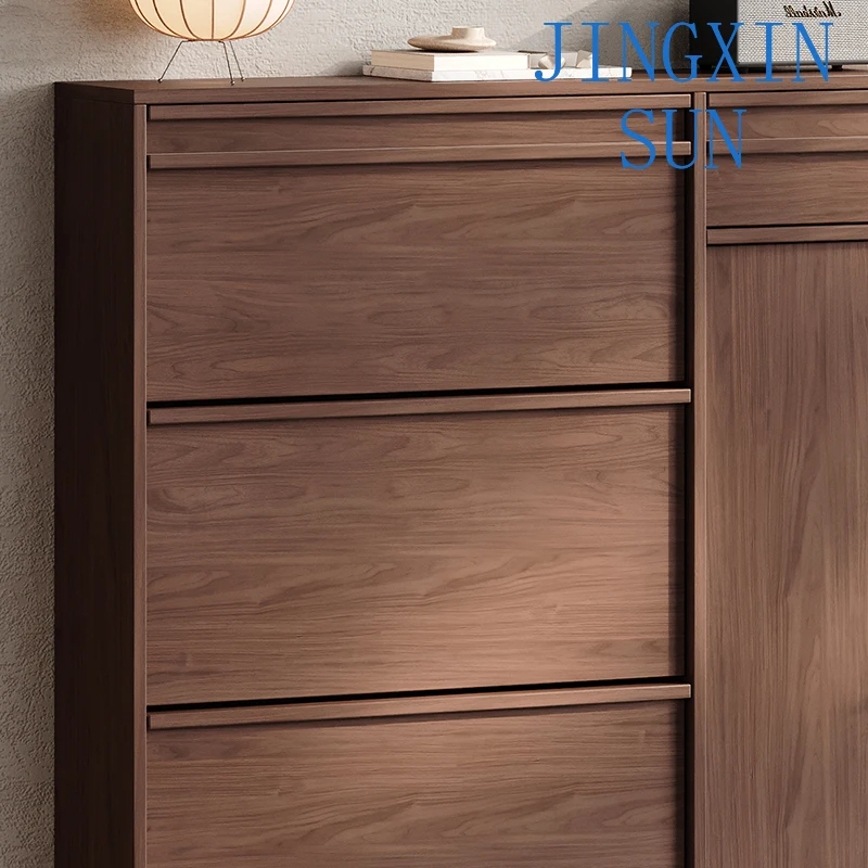 Solid wood tipping bucket shoe cabinet, Nordic household ultra-thin entrance door, simple black walnut