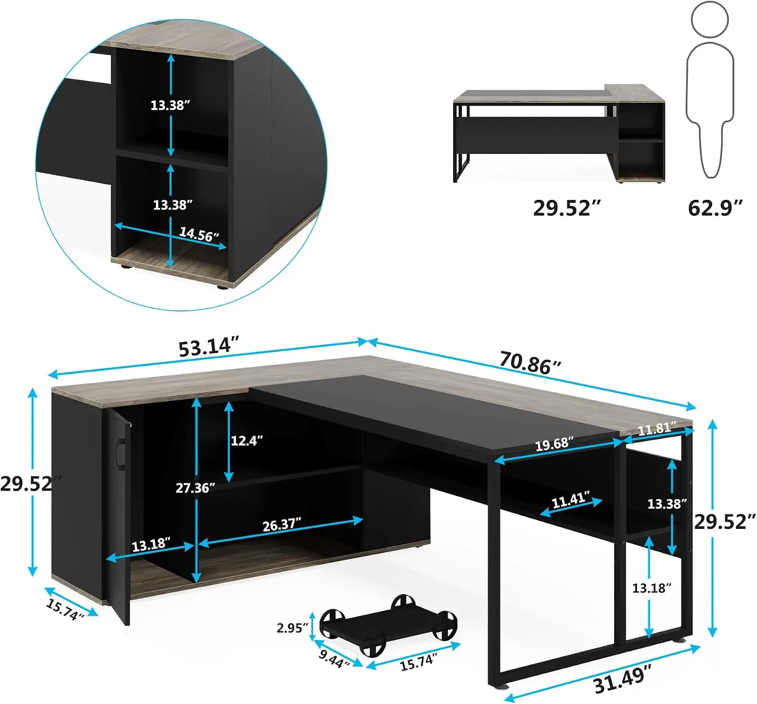 71 inch Executive Desk, L Shaped Desk with Cabinet Storage | Executive Office Desk with Storage Shelves, Large Computer Desk, Bu