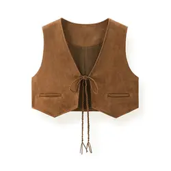 Womens Vest Faux Suede Sleeveless Laceup Waistcoat