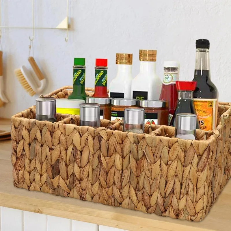 Hand Woven Storage Baskets Kitchen Party Utensil Holder Picnic Basket Rectangular Container Organizer 3 Grids with Handle