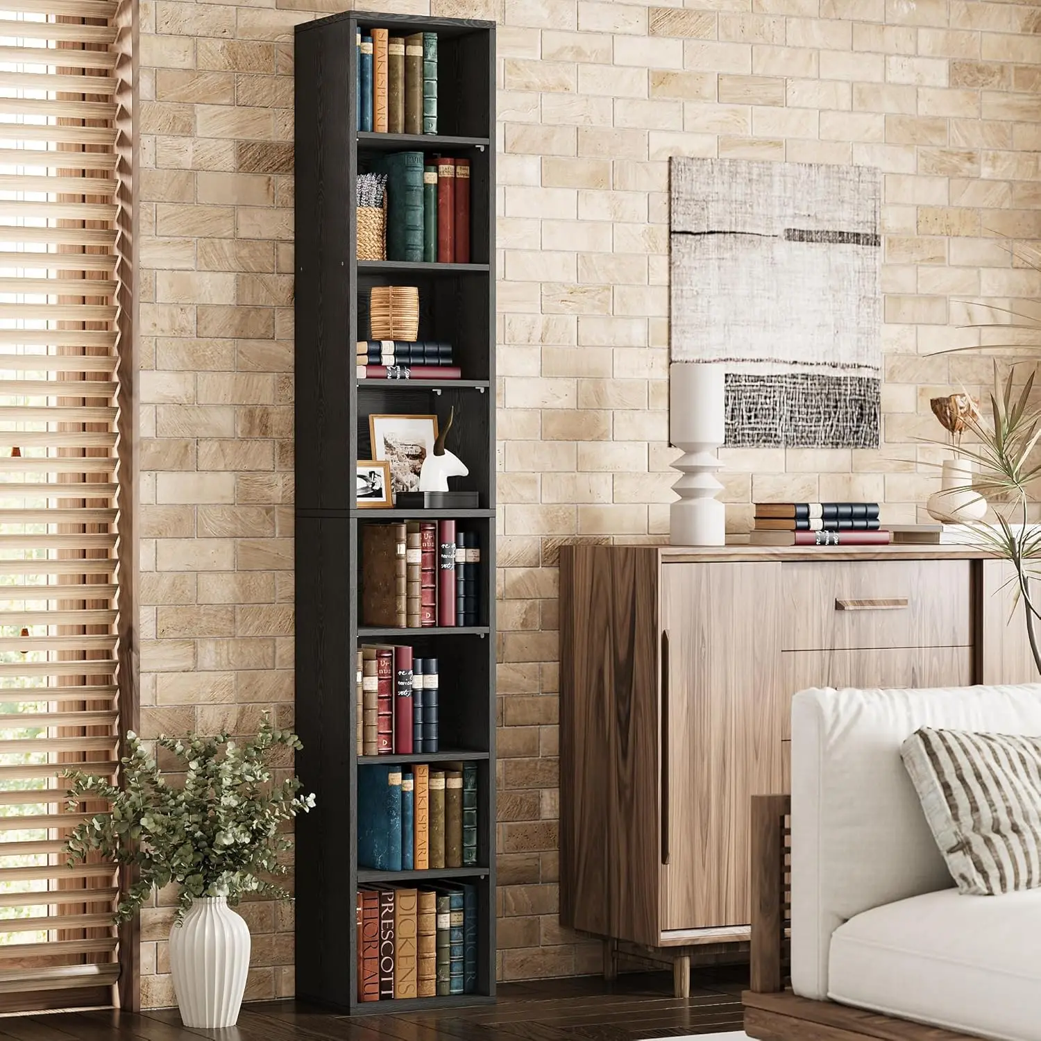 

Tall Narrow Bookshelf 8 Tiers, Compact Corner Bookcase, Easy to Match for Living Room, Office, Study, Bedroom, Vintage Black