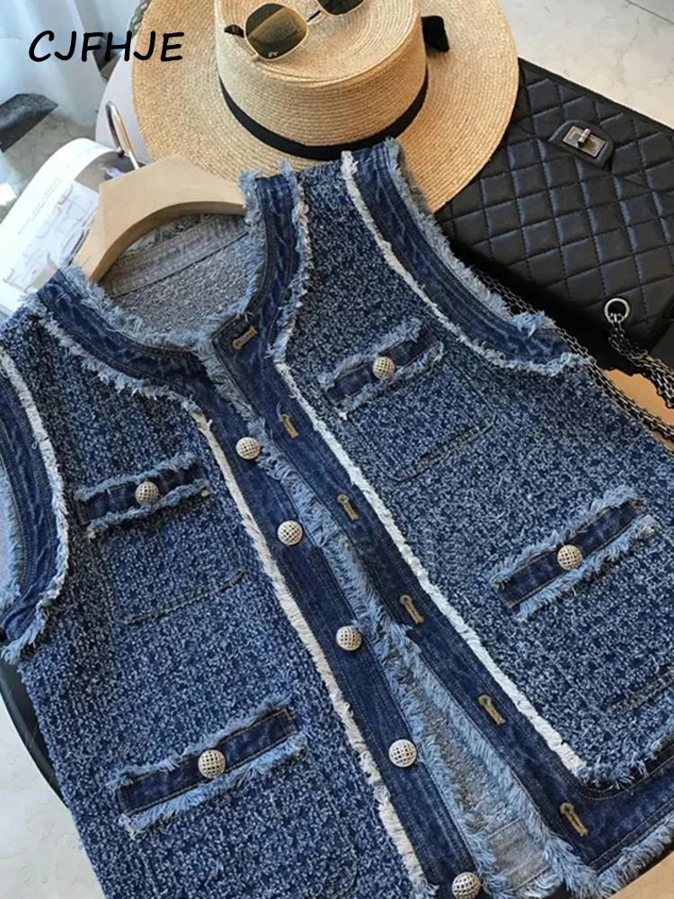 CJFHJE Tank Top tanpa lengan wanita, rompi Denim kotak-kotak Single Breasted tanpa lengan Aliran musim semi musim gugur untuk perempuan