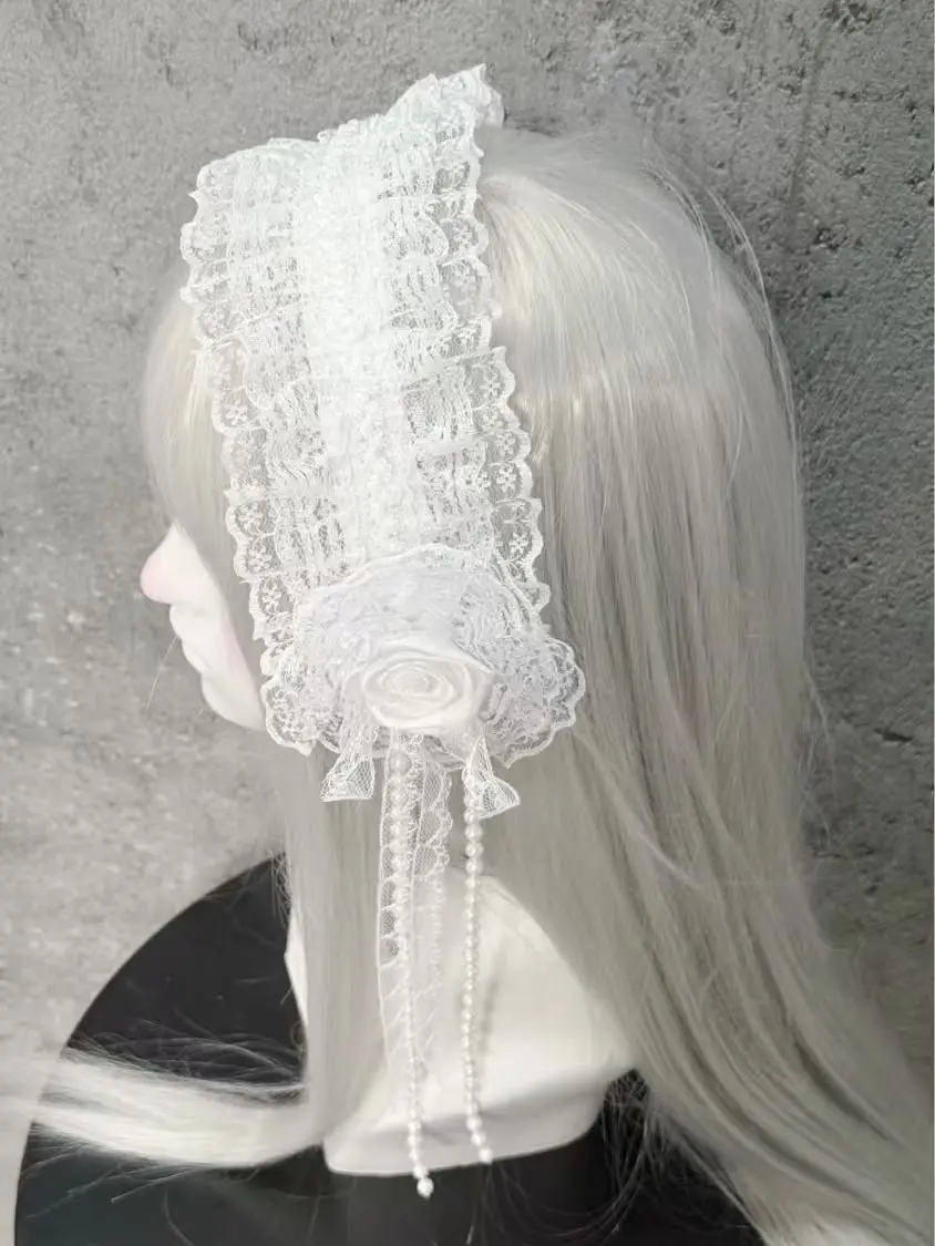 Elegancka opaska do włosów dla kobiet w stylu Y2K, czarno-biała, z koronką, koralikami i różą, vintage klips do włosów z perłami i kwiatami na wesele, studniówkę.