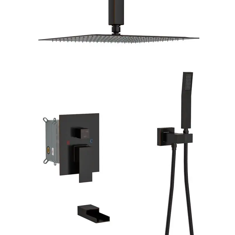 

Ceiling Mount 16" Square Shower System with Waterfall Tub Spout, Rough-in Valve, Oil Rubbed Bronze Finish