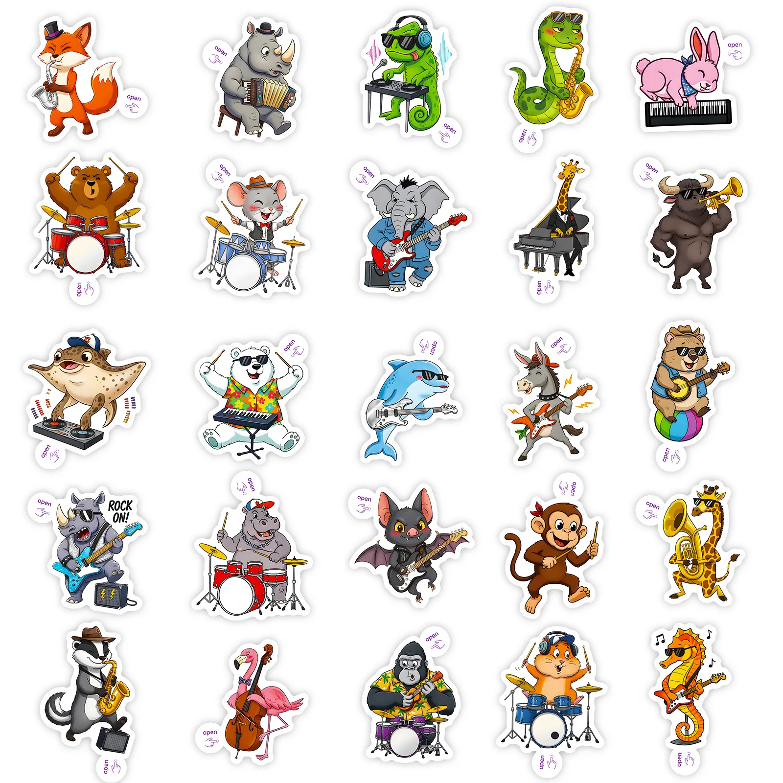 10/50PCS Cartoon Animal Band Stickers Creativity Trendy Animals Playing Musical Instruments Graffiti Decoration Notebook Guitar