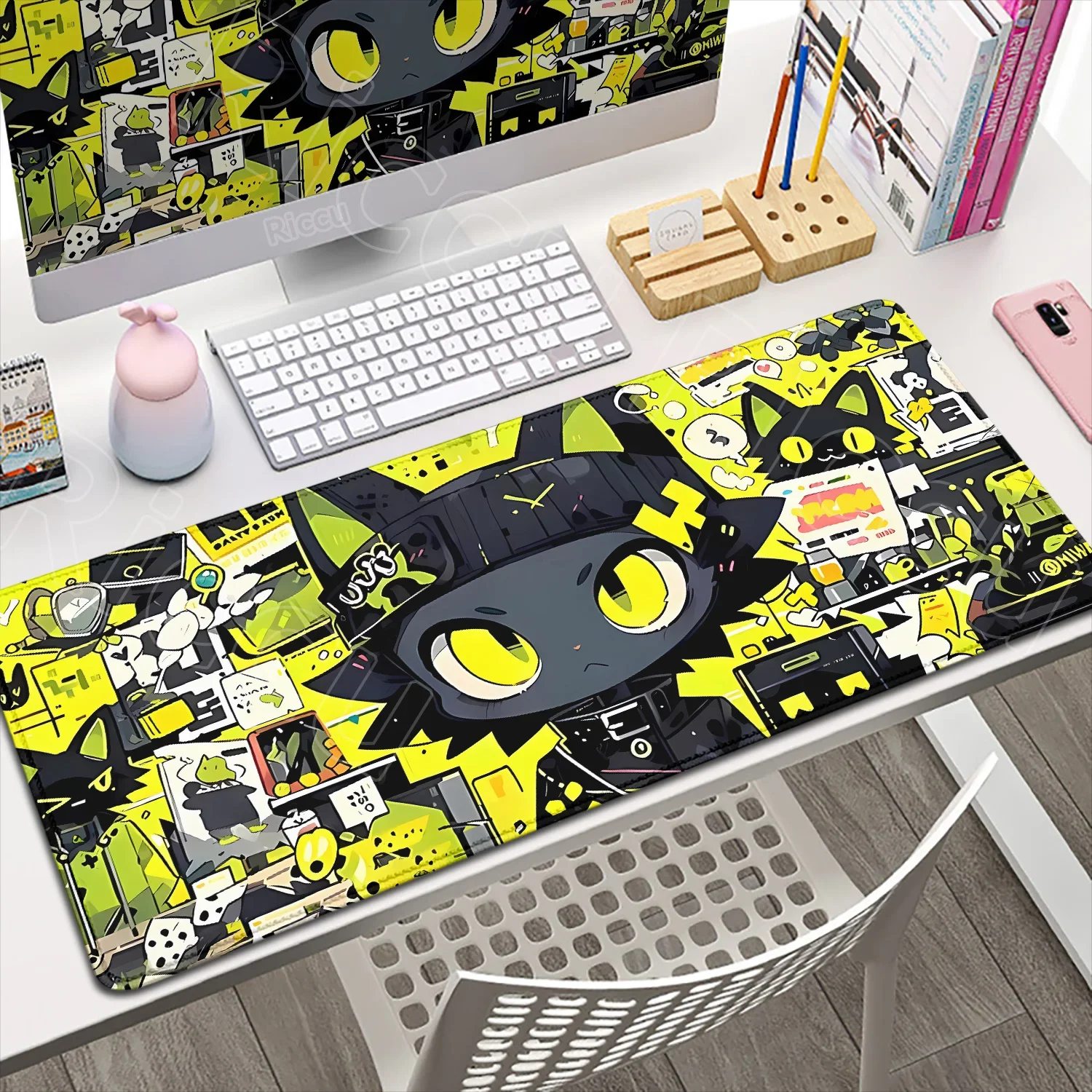 Black Anime Cat Mouse Pad PC Game Mousepad Kawaii Desk Mat Speed Gaming E-Sports Mouse Mat Laptop Large Rubber Keyboard Desk Pad