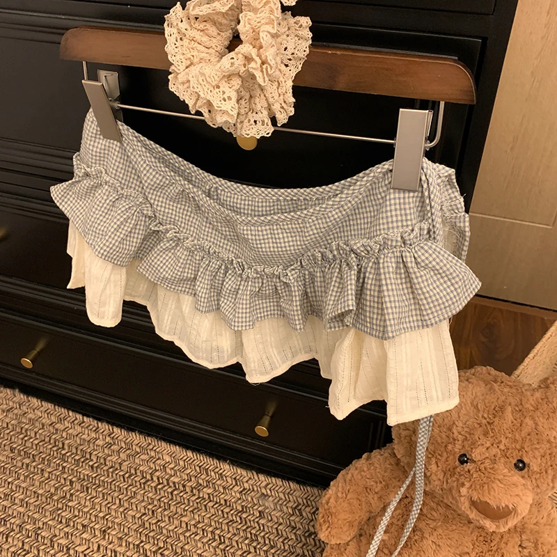Plaid Patchwork Mini Skirt Women Summer Ruffles Sweet Bandage Vintage Skirts Loose Casual Layered Butt Curtains Kawaii Skirt New