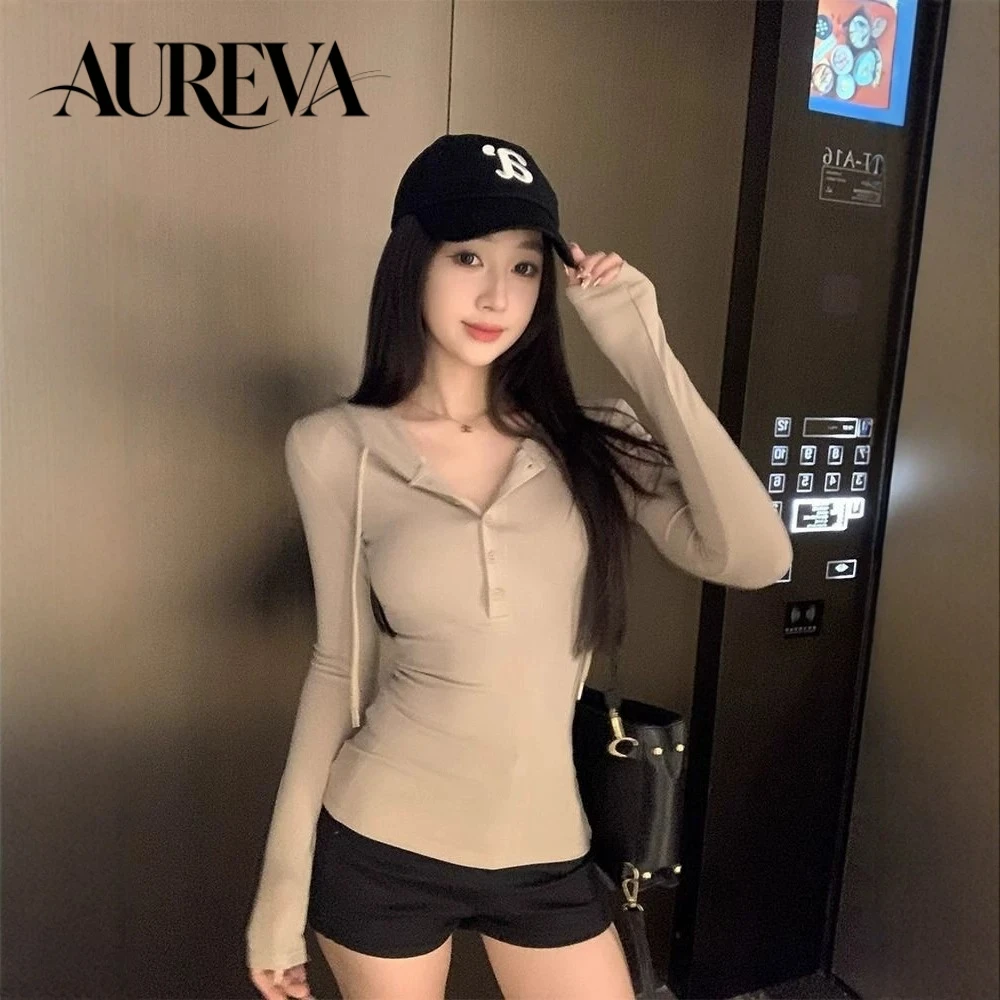 Korean Style Partially Open Collar Long Sleeve Slim Fit Women's T-shirt Autumn Sun Protection Hoodie Casual Base Shirt Waist Cin