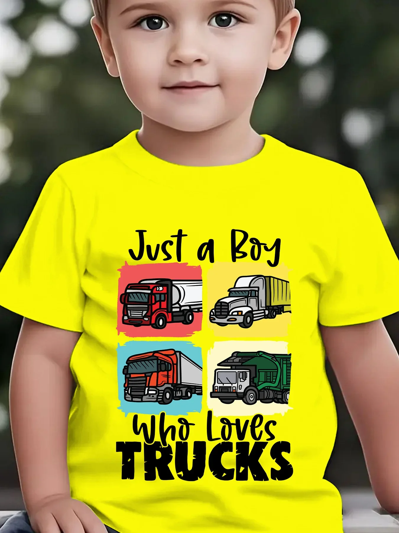 Just A Boy Who Love Truck Cartoon Vehicle Print Boys Girls Family Tee Soft Kids Parent Short Sleeve Daily Casual Comfort T Shirt