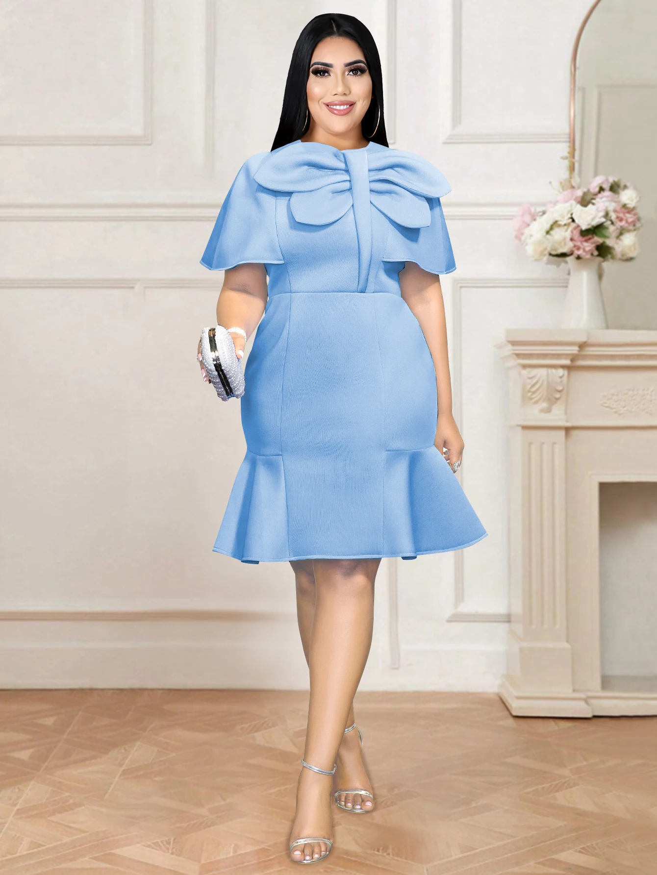 

ONTINVA Women Elegant Blue Dress O Neck Knee Length Slim Bodycon Ruffle Hem Fashion Birthday Party Gowns Plus Size 4XL 2024 New