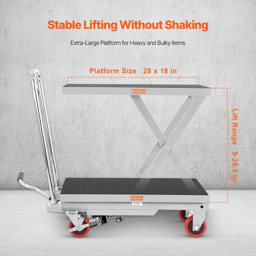 Hydraulic Lift Table Cart, 500lbs Load Capacity 28.5 Inch Lifting Height, Manual Single Scissor Lift Table with 4 Wheels