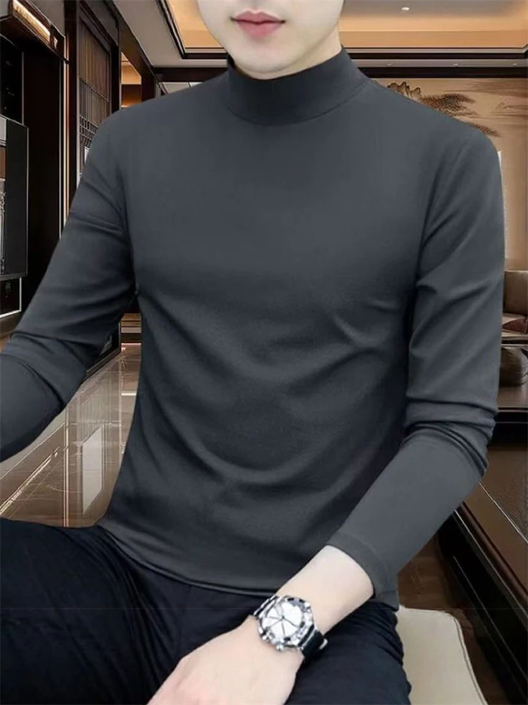 

High-End Men's Double-Sided Camere Base irt Long Sve Casual Fit Neline Thermal f-High Collar Versatile Autumn Win...