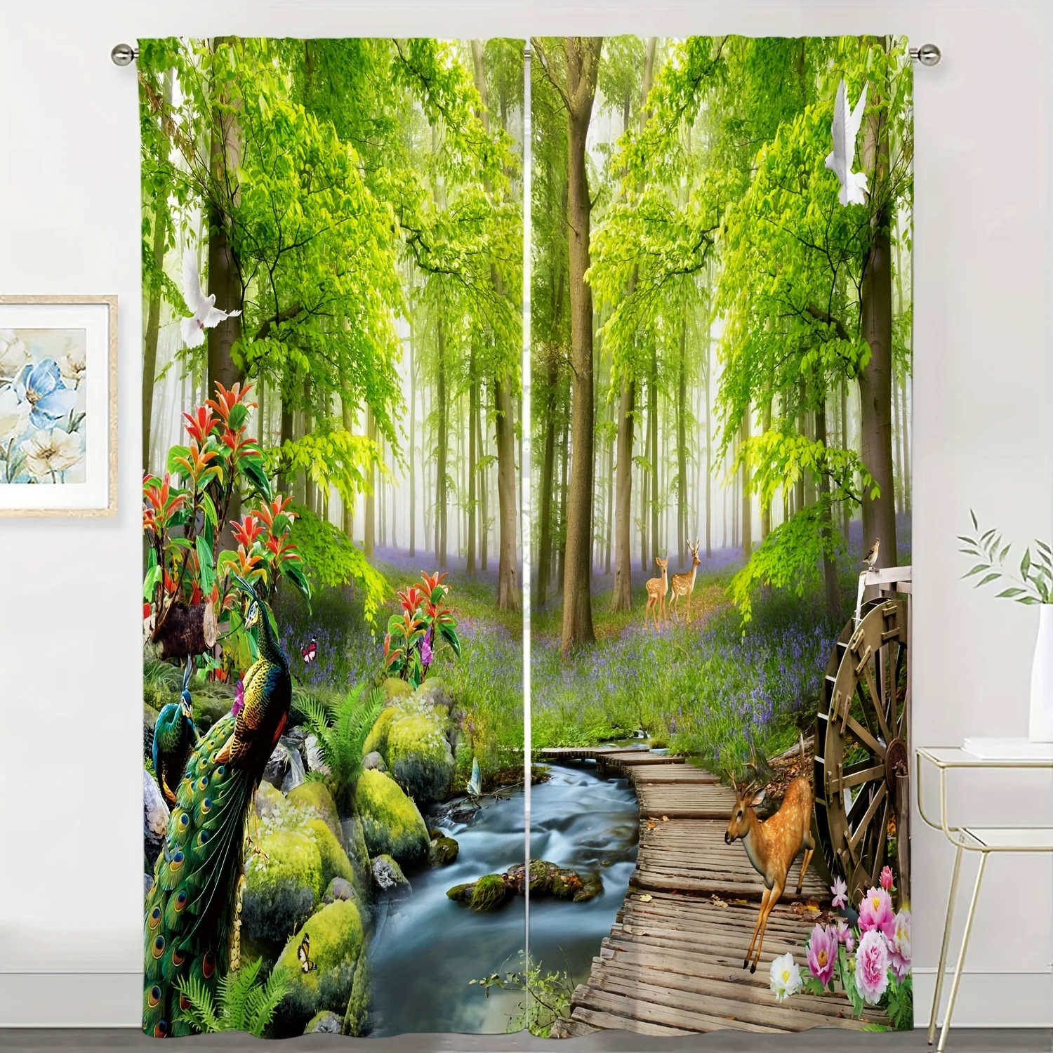 2pcs Classic Style Green Forest Wildlife Print Window Curtains Peacock Deer With Trees Path Design For Bedroom Kitchen Window