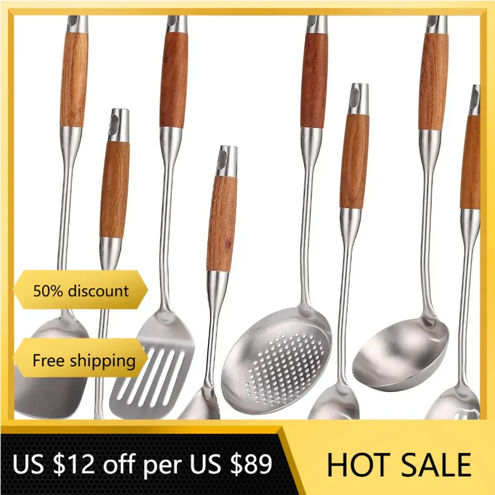 

Stainless Steel Kitchen Utensils Set with Wood Handle, 8 PCS Metal Cooking Utensils & Serving Utensils - Spatula and Ladle Set