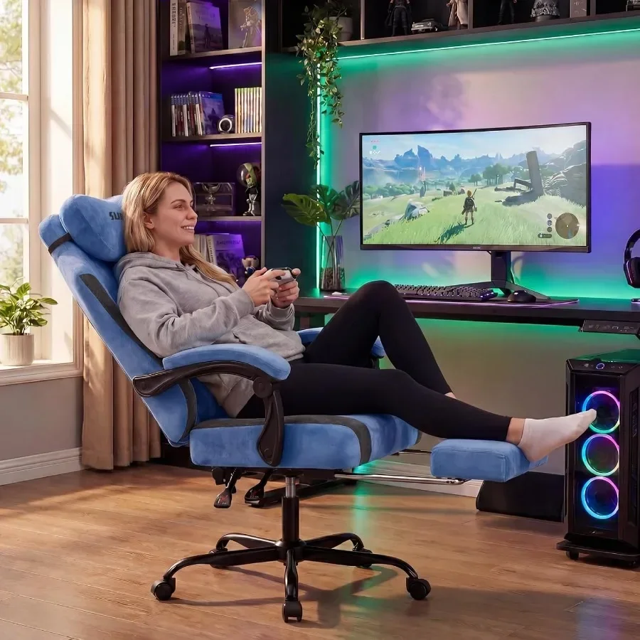 Video gaming chair for long hours sitting, fabric upholstery, black and blue color, ergonomic high-back design with adjustable