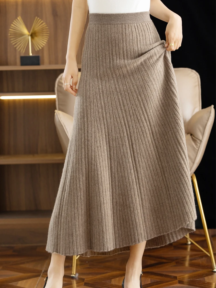 Devin Autumn Winter Women Wool Skirt Office Lady Pleated Long Skirt 100% Merino Wool Knitwear Grace Dress Korean Fashion