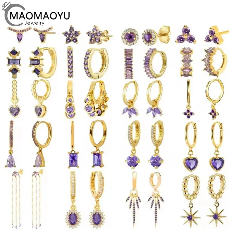 النساء 925 فضة الأذن إبرة الأرجواني الزركون أقراط هوب أقراط الأرجواني كريستال قلادة القرط موضة مجوهرات الزفاف