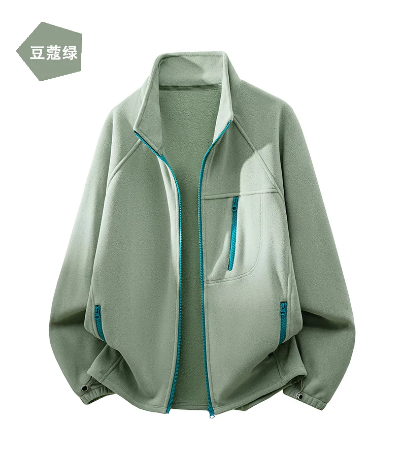 Men Stand Collar Zip Fleece Jacket Outdoor Warm Polar Fleece Outerwear Multi Zipper Pockets