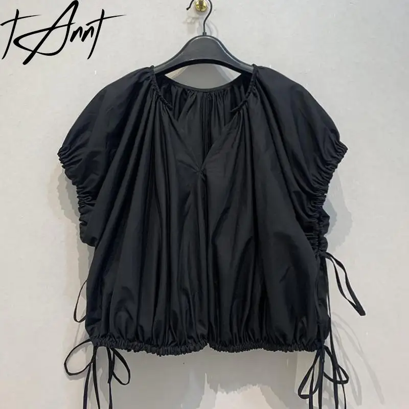 

Tannt Women Shirt Blouse V-neck Bandage Black White Cotton Blouse Tops 2025 New Fashion Casual Summer Shirt Tops Women