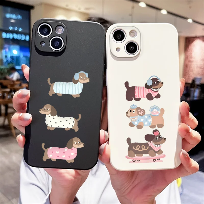 Korean Cartoon Dachshund Dog Couple Phone Case for Samsung Galaxy S26 S24+ S23 Ultra S25 + S22 Plus S21 FE 5G Soft Cover Fundas